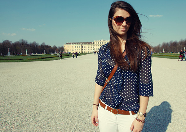 white trousers & polka dots